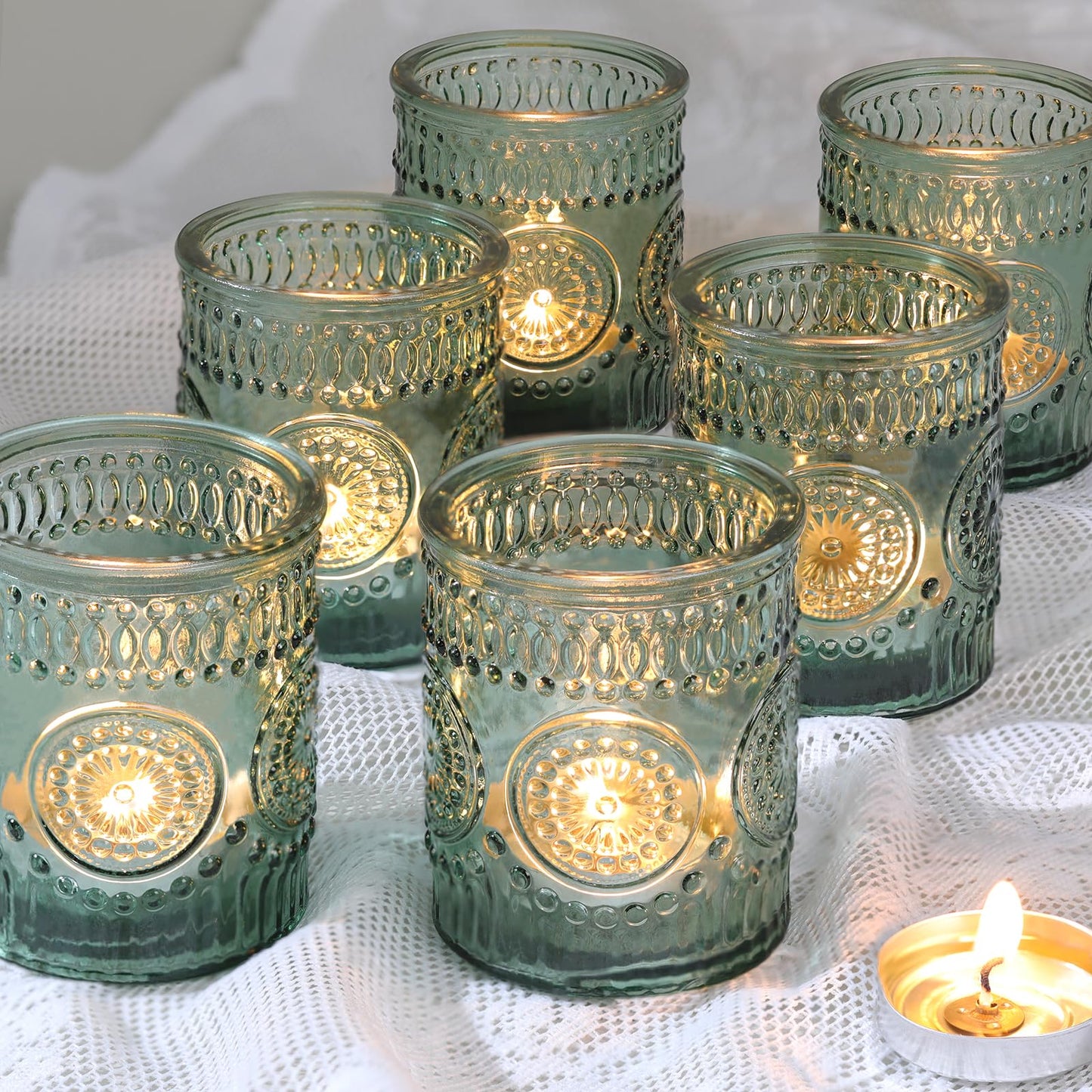 Lanttu 12pcs Green Votive Candle Holders，Glass Tea Lights Candle Holder Bulk for Birthday Parties, Weddings, Table Decorations, Candlelight Dinners
