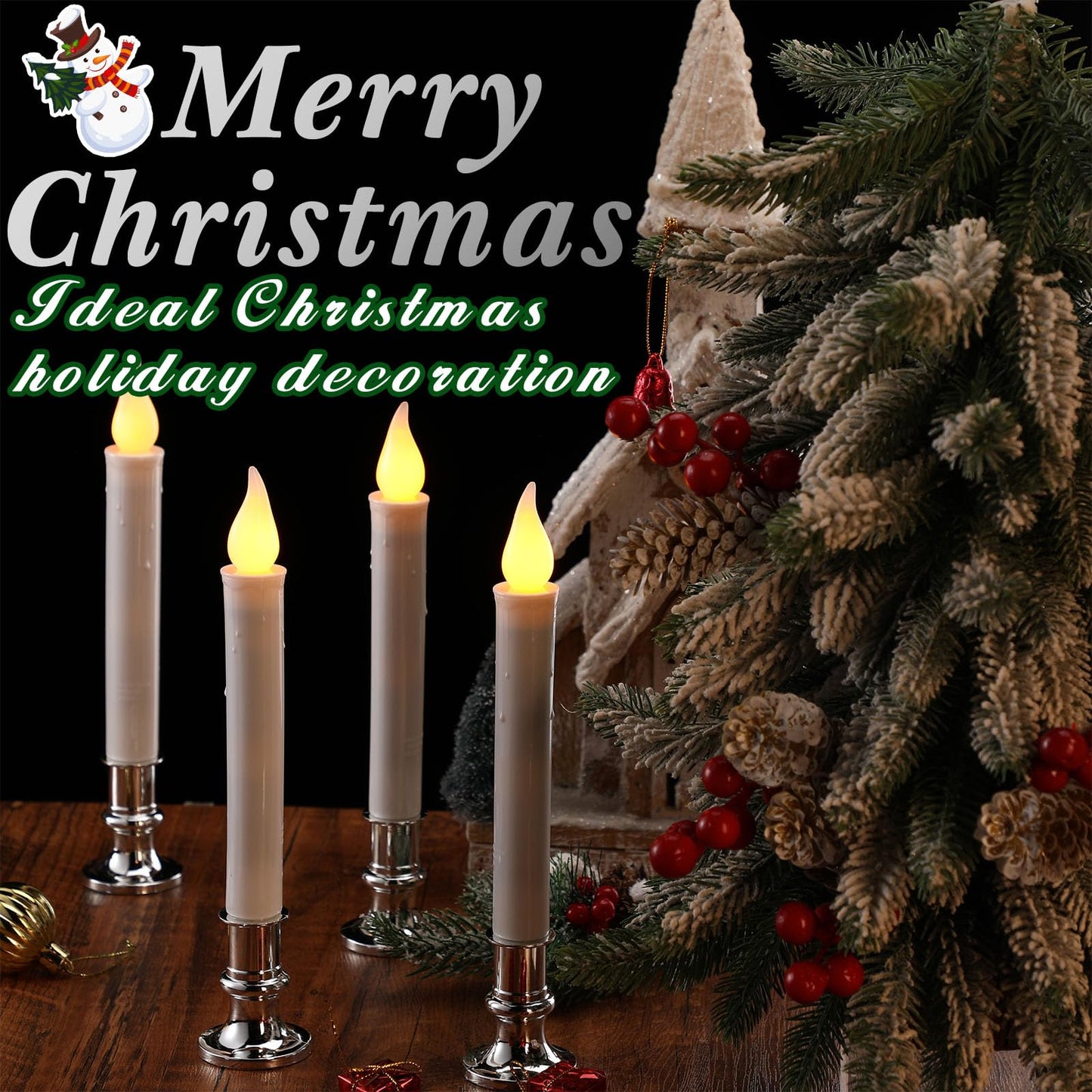 Baquler 8 Pcs Christmas LED Window Candles with Sensor Dusk to Dawn Light Sensor 9.37 Inches Cordless Flameless Battery Taper Candles with Flickering Amber Flame for Xmas Home Decor(Silver)