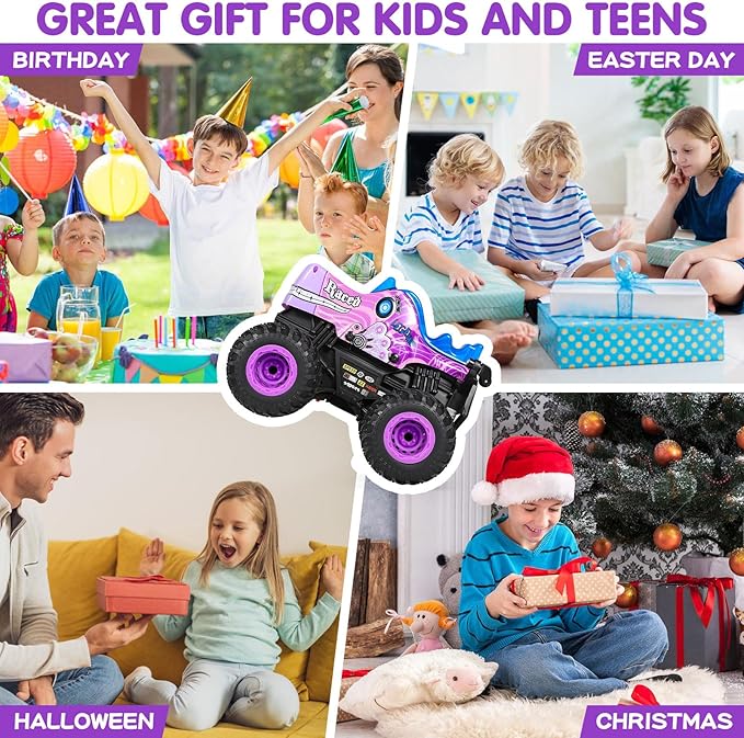 DYODYORC Remote Control Car 2.4Ghz All Terrain Monster Truck RC Truck with Music 3 Lighting Effects 360 Stunt Capable 2 Batteries Ready to Run Toy Gifts for Boys and Girls (Pink)