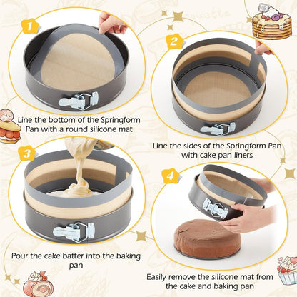 Honeydak 3 Set Silicone Baking Mat for 4, 7, 9 Inch Springform Pan Protector Nonstick Reusable Cake Pan Liners for Cheesecake Baking Prevent Sticking to Bottom & Side, Easy Release & Clean(Gray)