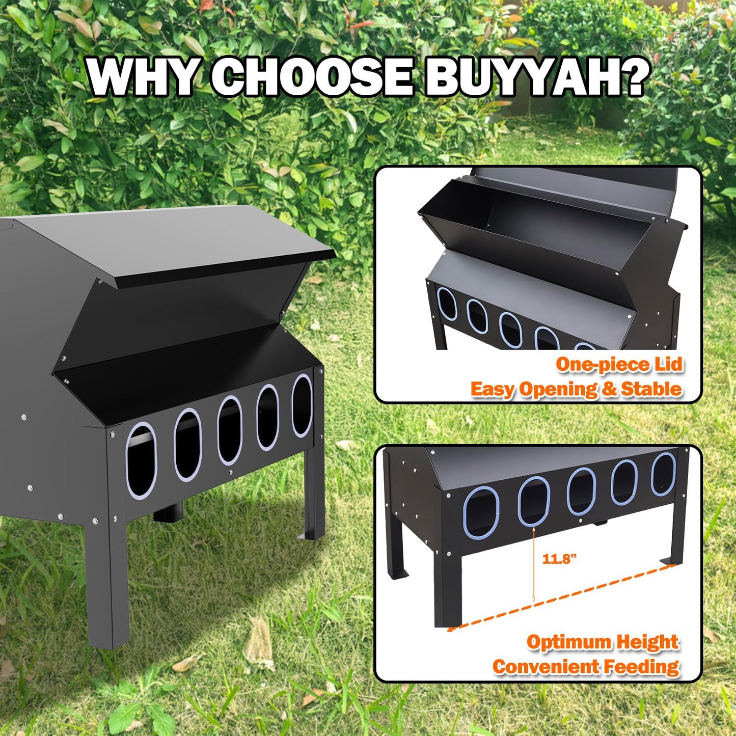 BUYYAH 50-100LB Capacity Turkey Feeder, 10-Port Waterproof Chicken Feeder, Indoor Outdoor Uses, Black