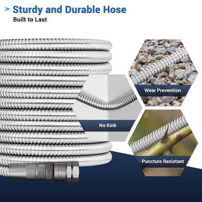 100 FT Stainless Steel Garden Hose – Long Reach 304 Steel Metal Water Hose, No-Kink, Leak-Proof Swivel Fittings, Puncture Resistant, 8-Pattern Nozzle for Large Yards, Driveways, Farm Tasks