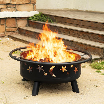 Skiennix 32-Inch Round Fire Pit - Metal Wood Burning Design with Mesh Cover & Poker | Outdoor Patio & Garden Decor