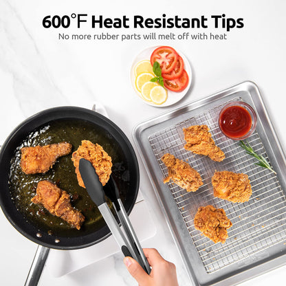 600ºF Heat Resistant Kitchen Tongs: U-Taste 12 inch Large Silicone Cooking Tong with Sturdy Non Stick Rubber Tips & Silicon Coated 18/8 Stainless Steel Handle & Smooth Locking for Serving Grill(Black)