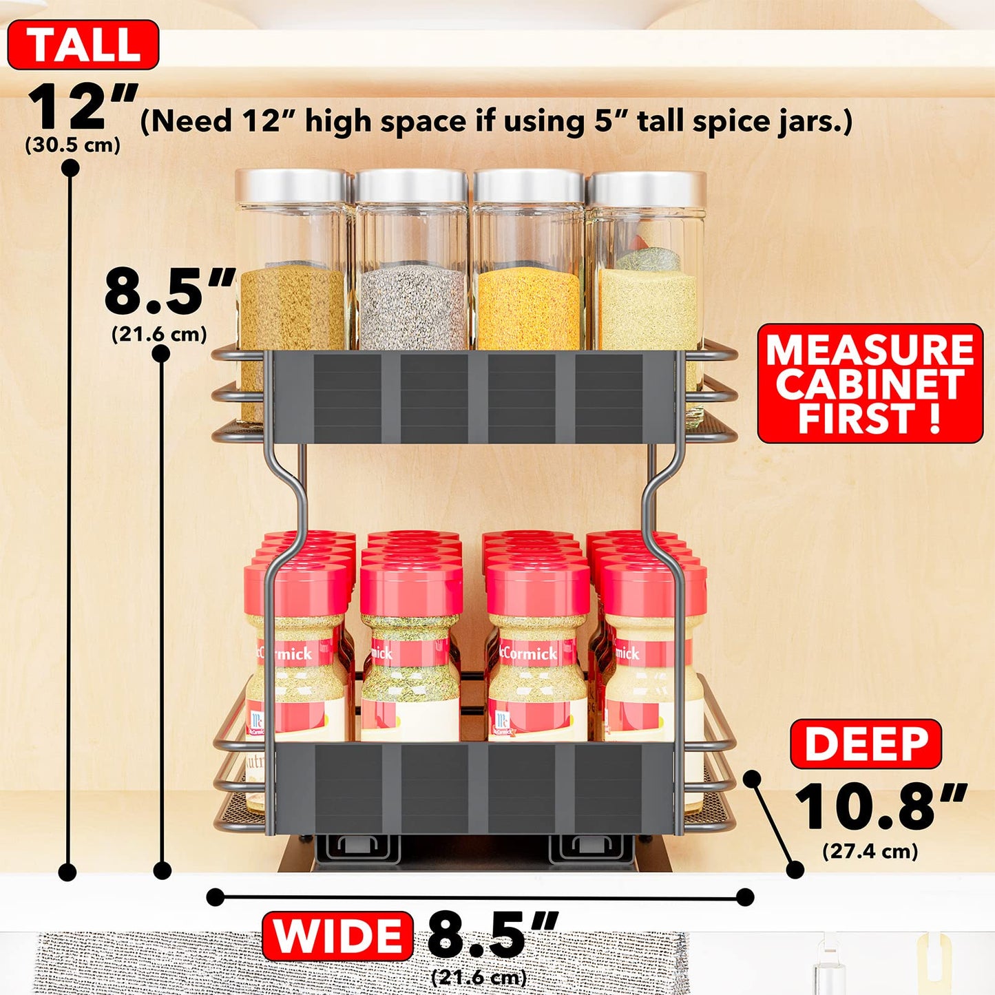 SpaceAid Pull Out Spice Rack Organizer for Cabinet, Heavy Duty Slide Out Seasoning Kitchen Organizer, Cabinet Organizer, with Labels, 4.5" W x10.75 D x8.5 H, 1 Drawer 2-Tier