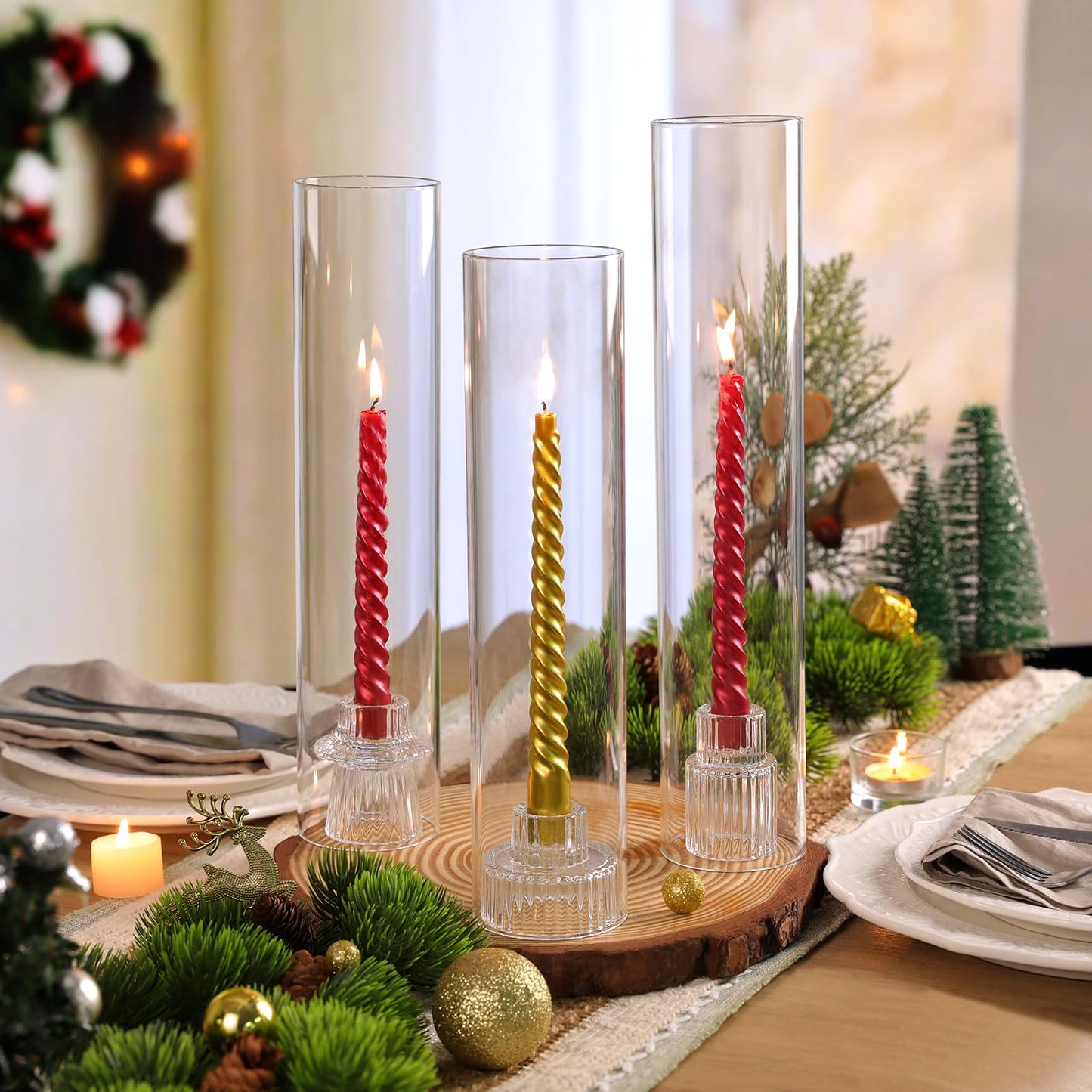 NITIME 9 Set Hurricane Glass Candle Holders for Taper Candles, Candlestick Holders with Windproof Glass Tubes(11.8"/12.6"/13.8" H), Taper Candle Holders for Table Centerpieces, Wedding, Party Decor