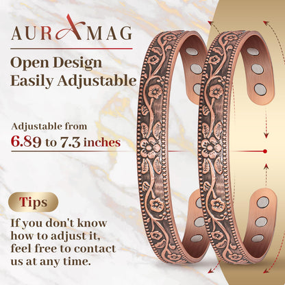 Auramag Copper Bracelets for Women, 99.99% Pure Copper Cuff Bangle with 3500 Gauss Magnets, Adjustable Jewelry with Gift Box(Set of 2)