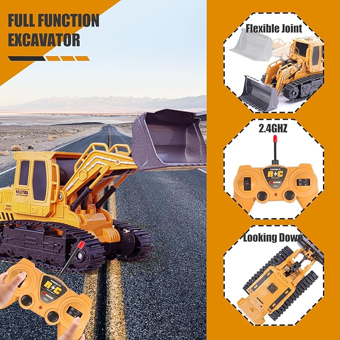 Remote Control Front Loader - Metal Shovel LED Working Lights Music &amp 2 Rechargeable Batteries Construction Toys for Boys Age 4 5 6 7 8 Birthday Gift