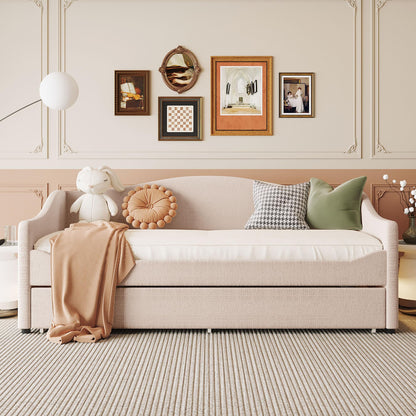 Twin Size Teddy Fleece Upholstered Daybed with Trundle and LED Lights, Daybed Frame with Stripe Design, Soft Fabric Sofa Bed with Slat Support, Space Saving Bed for Bedroom Living Room, White