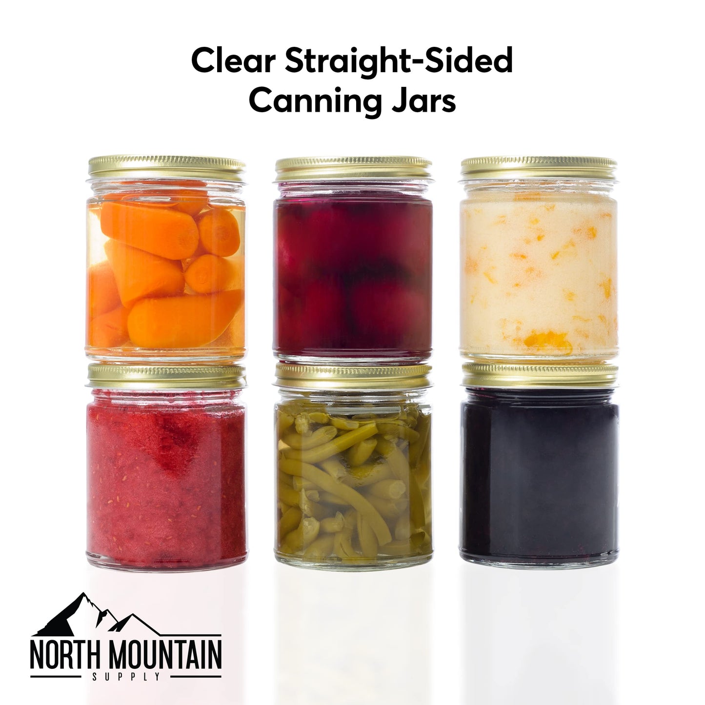 North Mountain Supply 9 Ounce Clear Glass Straight Sided Mason Canning Jars- With 70mm Gold Metal Lids - Case of 12