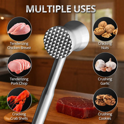 Stainless Steel Meat Tenderizer Hammer – Heavy-Duty All-Metal Design, Anti-Rust & Dishwasher Safe – Textured Surface for Steak, Chicken, Pork, and More,6 - YEAR WARRANTY