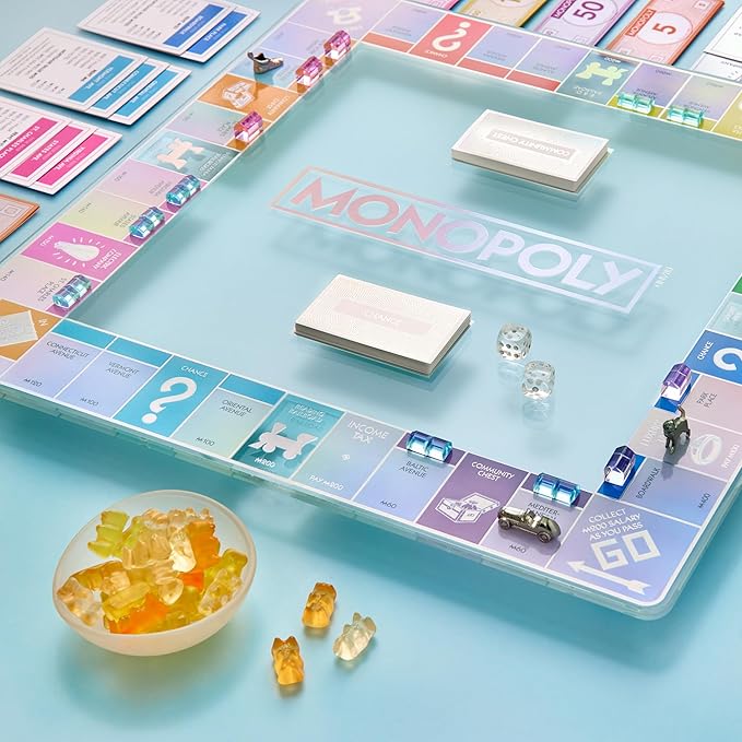 WS Game Company Monopoly Aura Edition Iridescent Tempered Glass Board Crystal-Clear Acrylic Houses Metallic Tokens Foil Cards &amp Tray Family Board Games for 2-6 Players Ages 8+