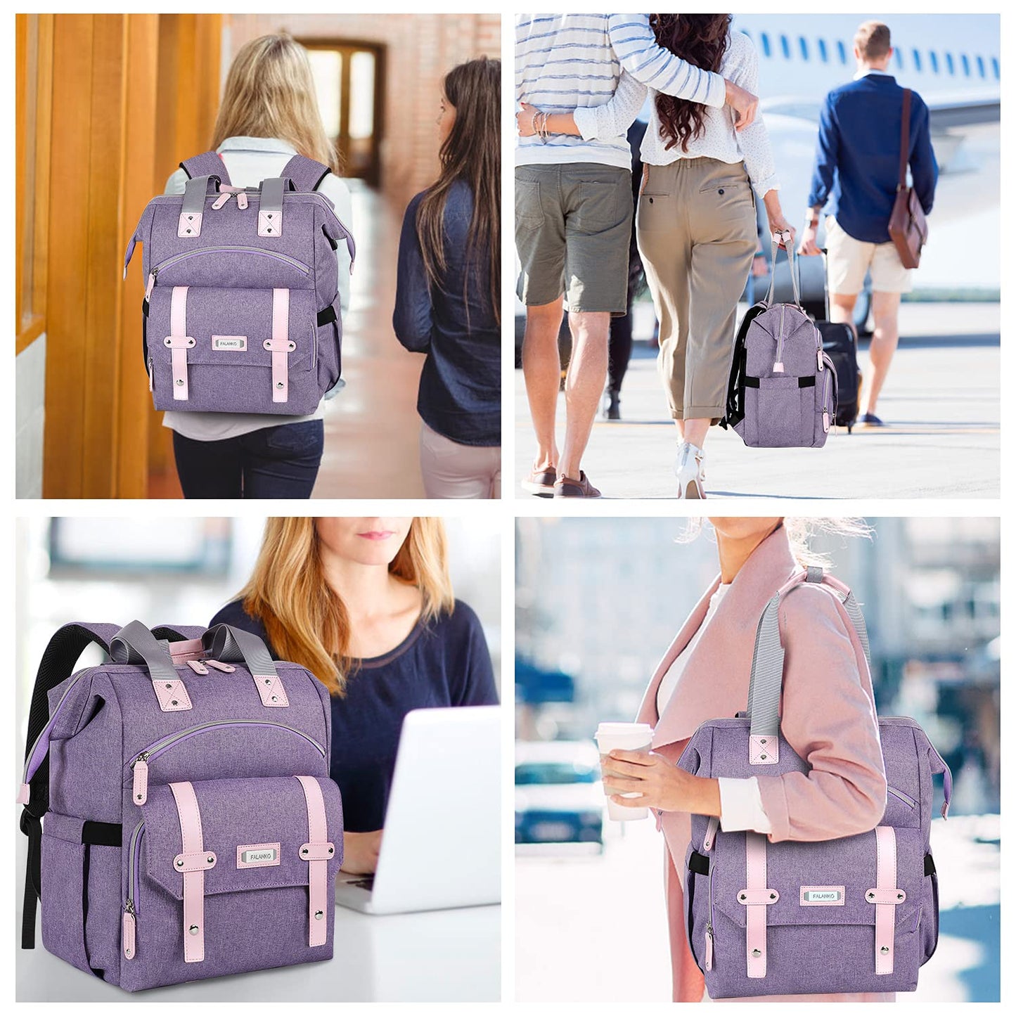 FALANKO Laptop Backpack for Women, Anti Theft Backpacks with USB Charging Port RFID Anti Theft Water Resistant,Wide Top Open Work Teacher College Travel Computer Bag for Woman Fits 15.6 Inch Laptop