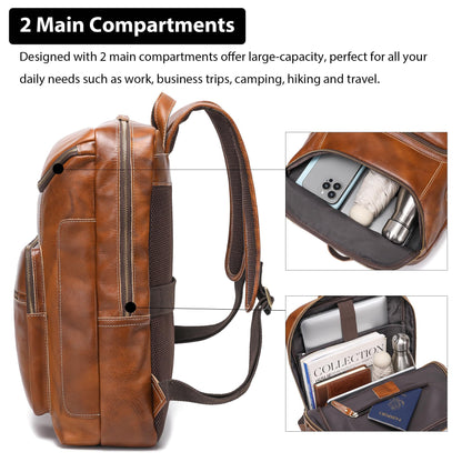 LANNSYNE Vegetable Tanned Leather Backpack For Men, 17" Laptop Backpack, Casual Outdoor Business Travel Rucksack, YKK Zippers