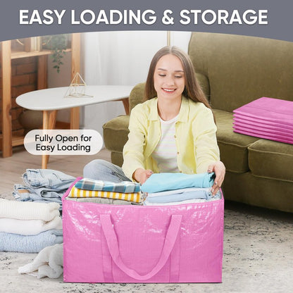 TICONN 6 Pack Extra Large Moving Bags Heavy Duty with Zippers & Carrying Handles, Durable Storage Bags Moving Boxes for Closet Organizers and Storage (6 Pack, Pink)