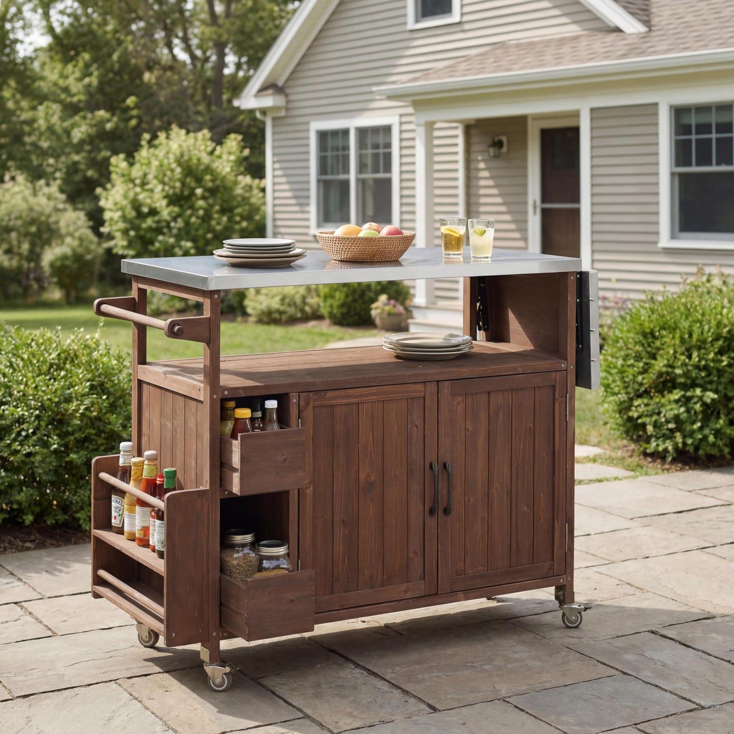 MEETFAV 54" Grill Cart with Stainless Steel Top, Spice Rack, Towel Rack, Lockable Wheels, Multi-Functional Outdoor Kitchen Island with Storage for BBQ, Patio & Kitchen, Brown