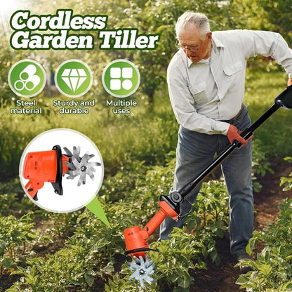 21V Cordless Mini Tiller Cultivator, Hand Tiller for Gardening, 235RPM Rotary Cultivator with Dual Batteries and Charger, Compact Soil Tilling Tool for Lawn and Garden Beds (with Pole)