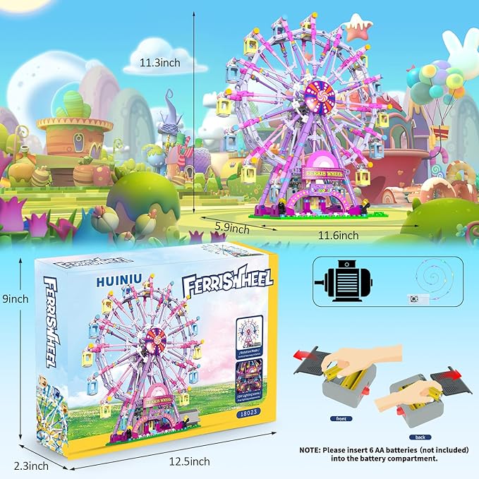 Ferris Wheel Building Block Set with Fairy Light Two-Way Rotating Ferris Wheel Building Set 813 Pieces Amusement Park Interlocking Blocks Toys for Ages 8-13 Gift Idea for Boys and Girls