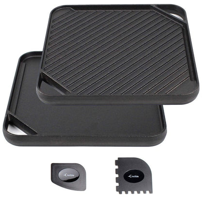 Cast Iron Griddle (20" by 10"), Reversible, Pre-Seasoned, Grill and Griddle Combo Pan, BBQ, Campfire, fits over two stovetop burners