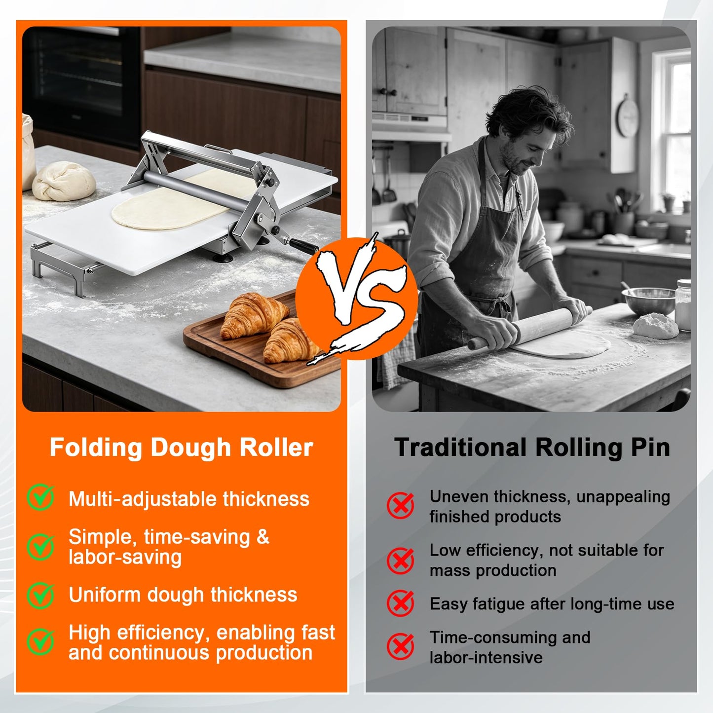 15.5" Folding Dough Sheeter, Manual Dough Roller Machine, Stainless Steel Adjustable Thickness 2-25mm, Countertop Dough Sheeter for Home and Commercial Use