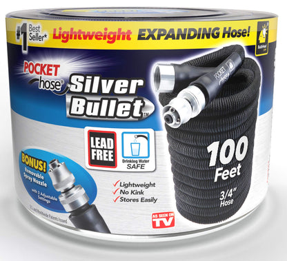Pocket Hose Silver Bullet 100 ft Turbo Shot Nozzle Multiple Spray Patterns Expandable Garden Hose 3/4 in Solid Aluminum Fittings Lightweight and No-Kink