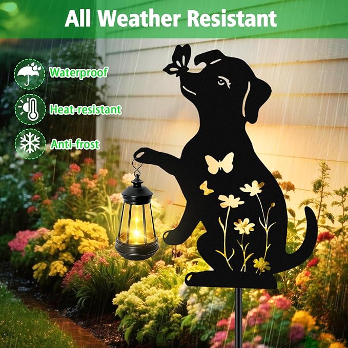 Solar Lights Outdoor 2 Pack Metal Dog Solar Lights Birthday Gifts for Women Mom Mother's Day Waterproof Metal Hanging Lantern Stakes Garden Decor Outside Patio Yard Pathway BackyardLawn