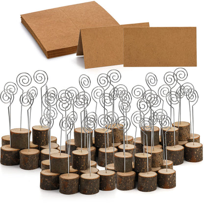 Tosnail 50 Pack Wooden Place Card Holders with 50 Kraft Paper Cards, Rustic Wood Table Number Stands Photo Holder - Spiral Wire