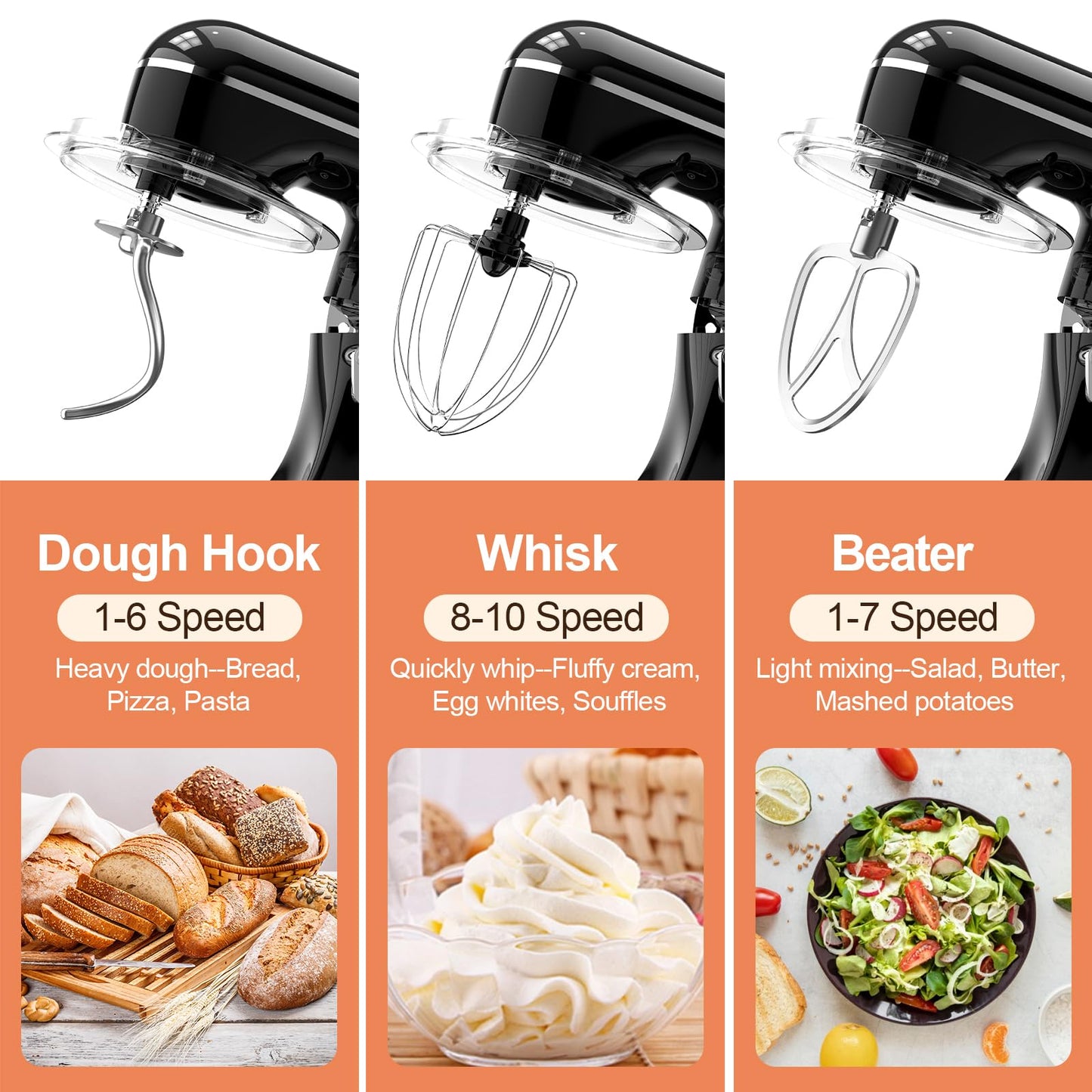 CEBORY 3-IN-1 Electric Stand Mixer, 6.5QT Bowl 660W 10-Speed Kitchen Mixer, Household Food Mixers include Dough Hook, Beater and Whisk, Bread Cake Mixer for Baking and Most Home Cooks, Black
