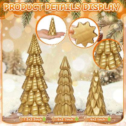 Warmtree Gold Christmas Tree Figurines Set - 3 Small Resin Tabletop Decorations for Festive Home Decor