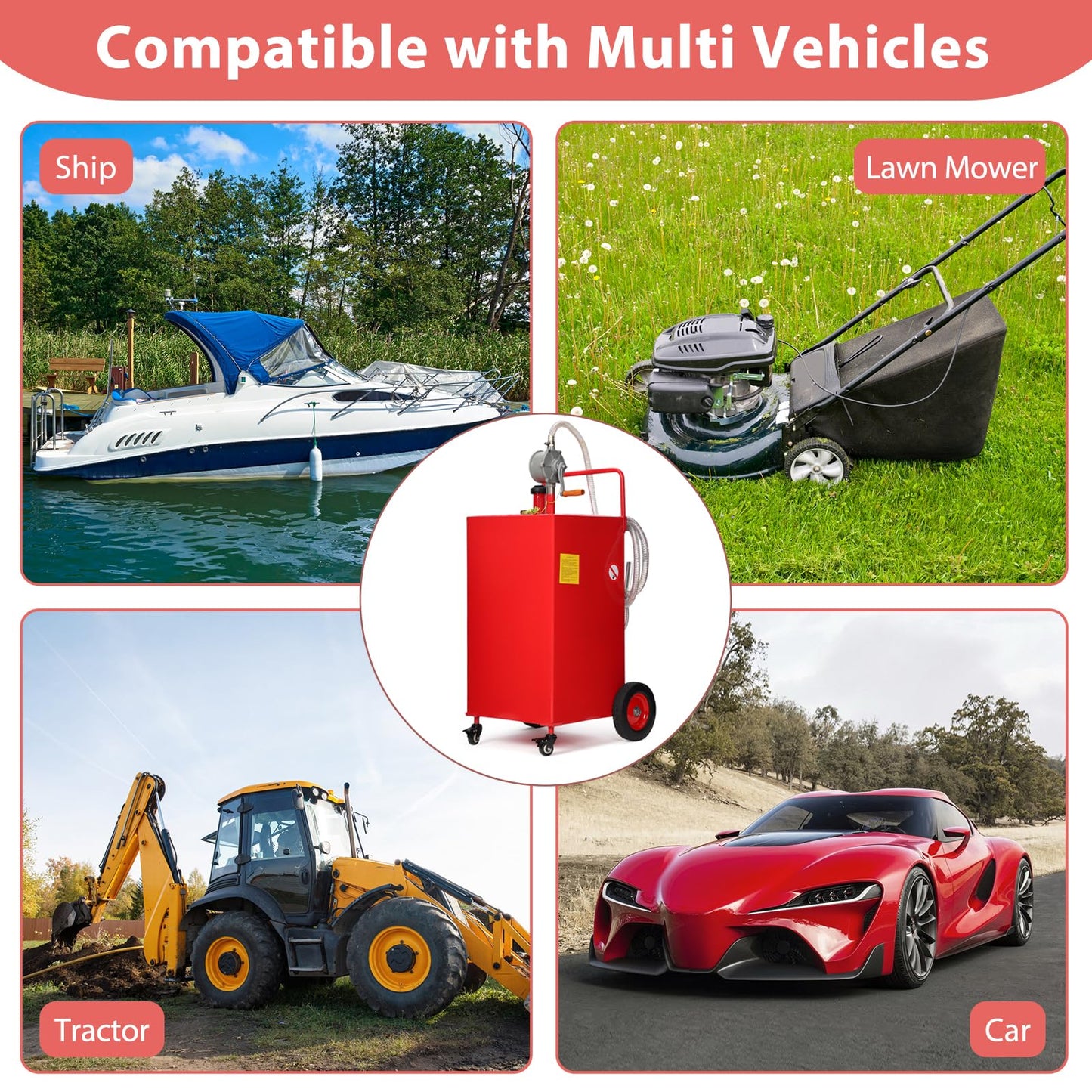 Garvee 50 gal Fuel Caddy with Manual Pump – Heavy Duty Gasoline & Diesel Transfer Tank On 4 Wheels, Spill-Proof Portable Fuel Container for Boat, Truck, Lawn Mower, ATV, Garage & Farm – Red