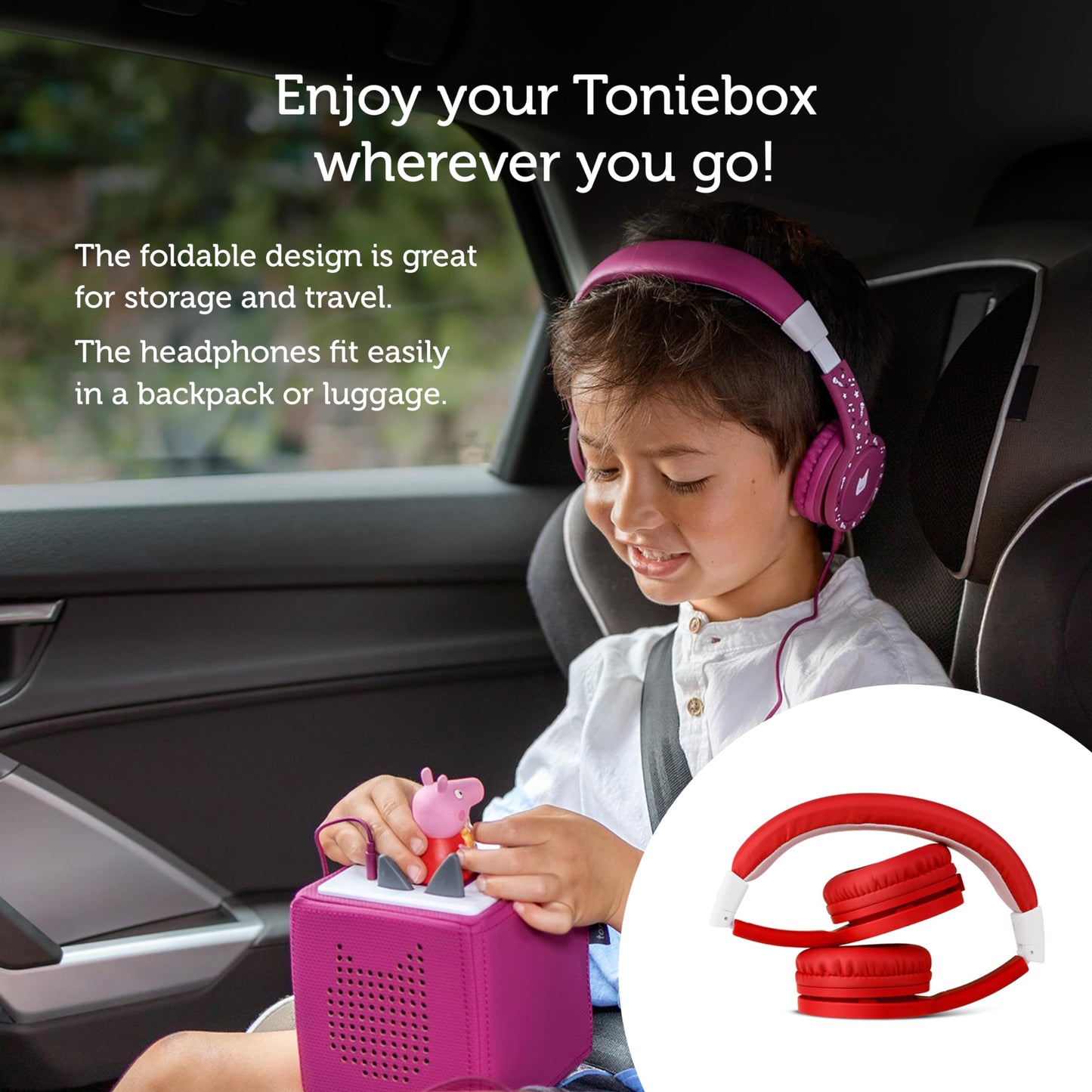 Tonies Foldable Wired Headphones for Kids - Comfortably Designed to fit On-Ear - Works with Toniebox 1 and All 3.5mm Devices - Red