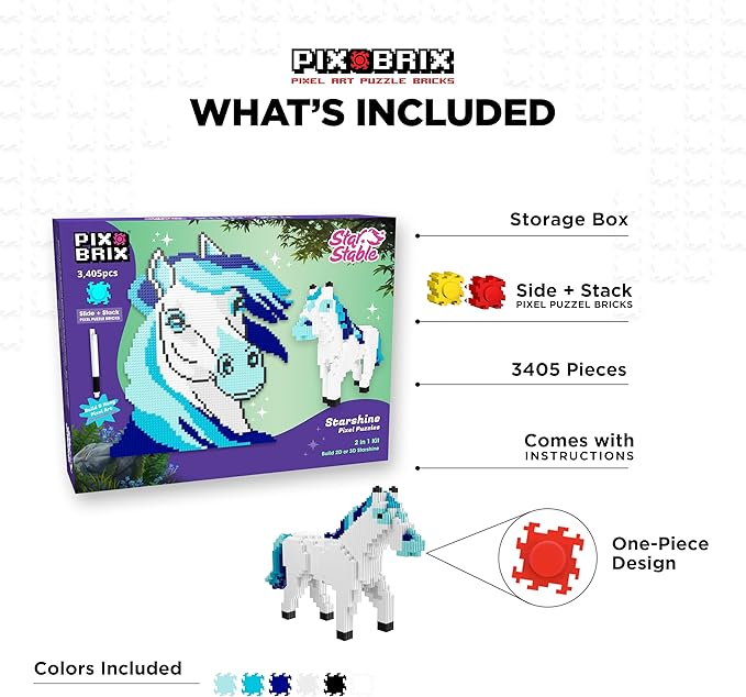 Pix Brix Pixel Art Puzzle Bricks - Star Stable’s Starshine 3405 Pieces - Interlocking Building Bricks Pixelate Your Favorite Horse in 2D or 3D Version - Stem Toys Ages 6 Plus
