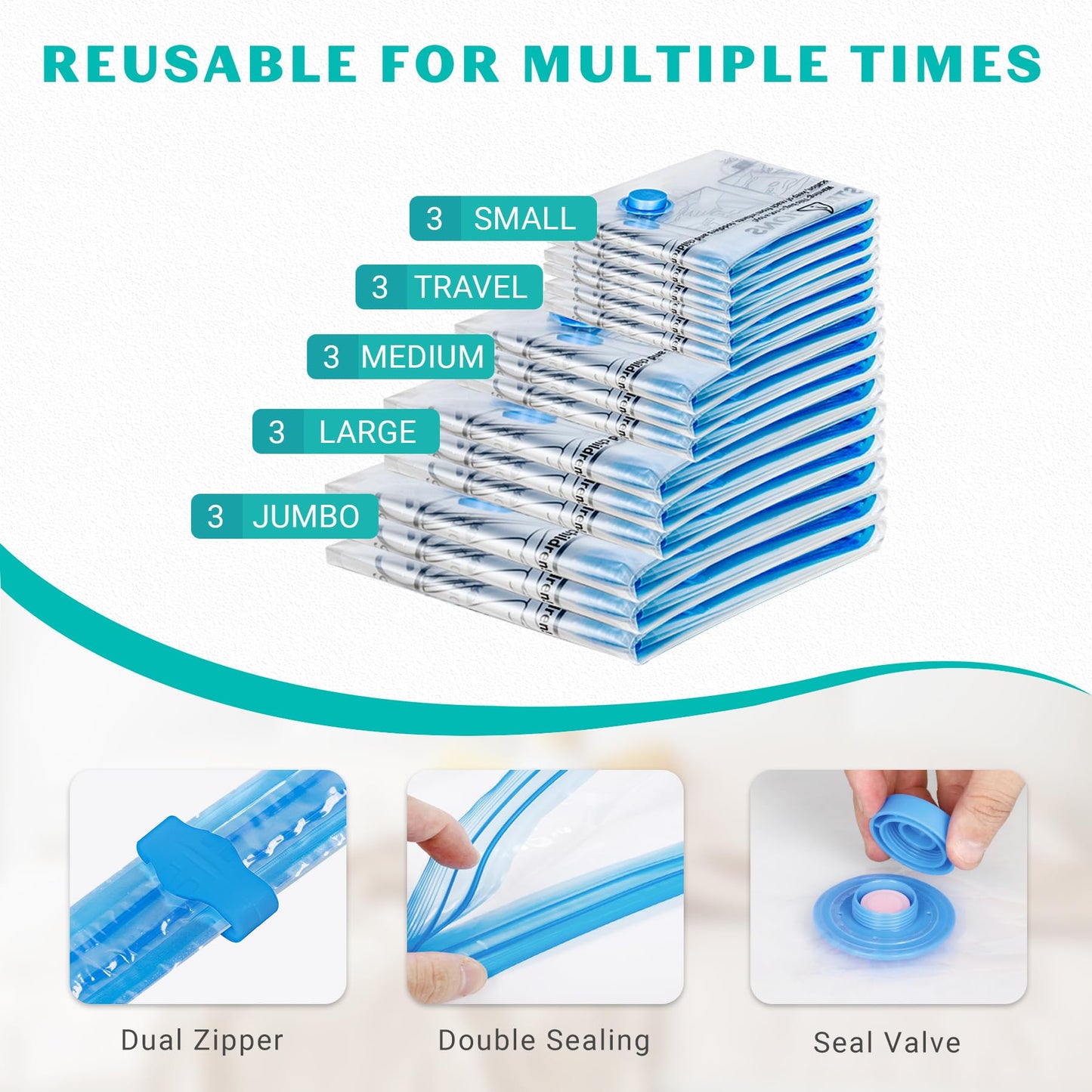 ZOESTORAGE 15 Pack Vacuum Storage Bags 80% Space Saver Vacuum Seal Bags for Clothing Compression for Comforters Blankets Travel Luggage Clothes with Hand Pump（3 Jumbo/3 Large/3 Medium/3 Small/3 Roll）