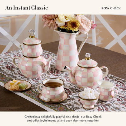 MACKENZIE-CHILDS Enamel Teapot, Cute Small Teapot with Lid, 4-Cup Capacity, Pink-and-White Rosy Check