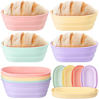 Honeydak 4 Pcs Silicone Bread Proofing Baskets Oval Banneton Basket 10" Collapsible Sourdough Bread Baking Supplies Non-stick Dough Proofing Bowls Container Oven Safe for Breads Making (Vibrant Color)