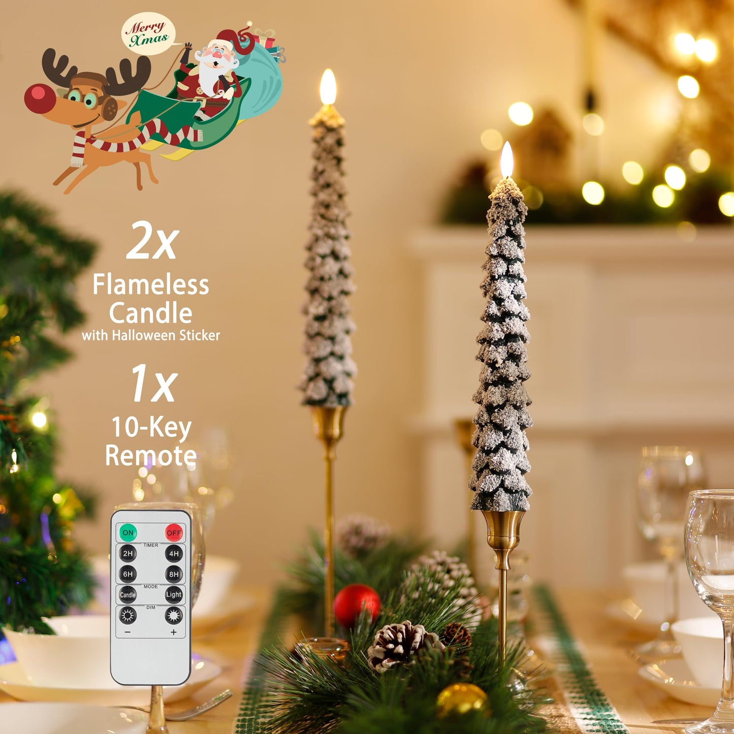 AFINETH Christmas Tree Candles with 3D Wick, 11.4" Green Real Wax Flameless Taper Candles with Remote, Flickering LED Xmas Candlesticks Battery Operated Candle for Home, Party Decor, 2 Pack