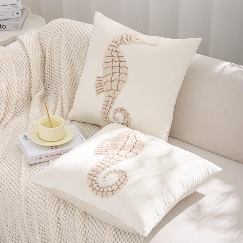 Tosleo Coastal Throw Pillow Covers 18x18 Pack of 2 Beige Seahouse Embroidered Pillow Covers Beach Velvet Pillow Cushion Cases Farmhouse Decor Ocean Themed Pillowcase for Summer