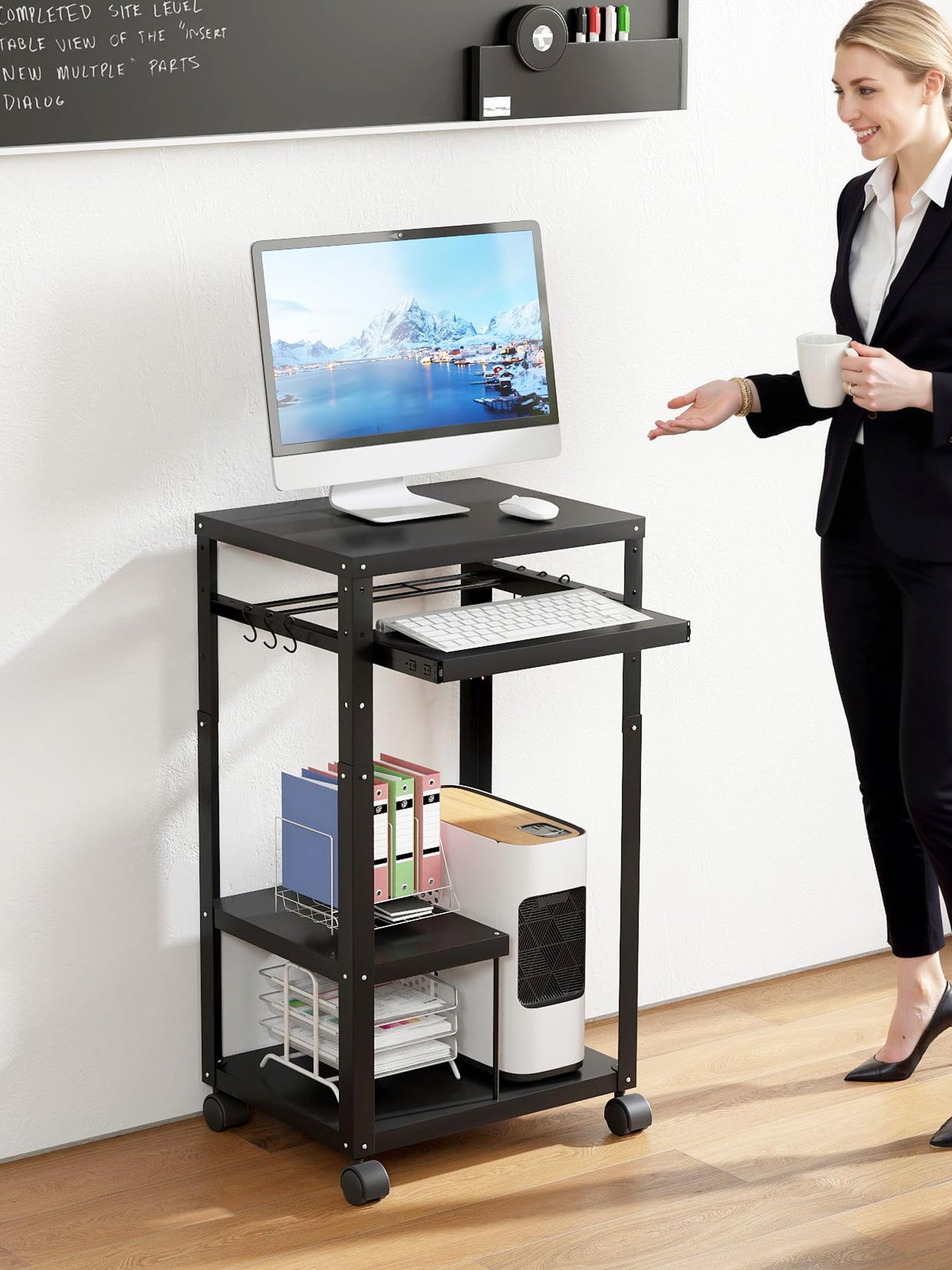Qriocioa AV Presentation Cart with Keyboard Tray Mobile AV Cart Stand Metal Media Cart with Wheels for Projector Height Adjustable Computer Workstation Presentation Cart for School Classroom Office