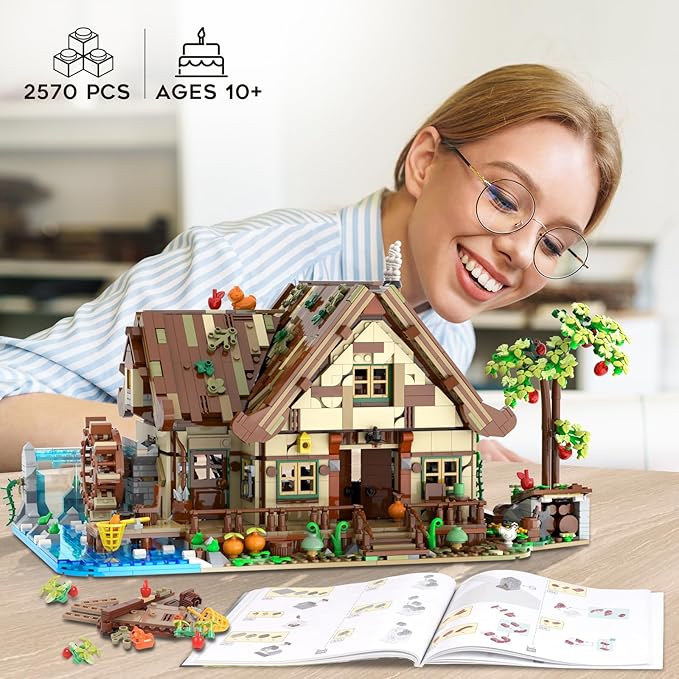 Wood Cabin Building Set with Light 2570 PCS Wooden Forest House Mini Building Block Toy with Waterwheel Pond Animals Big House Construction Model for Adults Teens Kids Boys Girls 10-12+