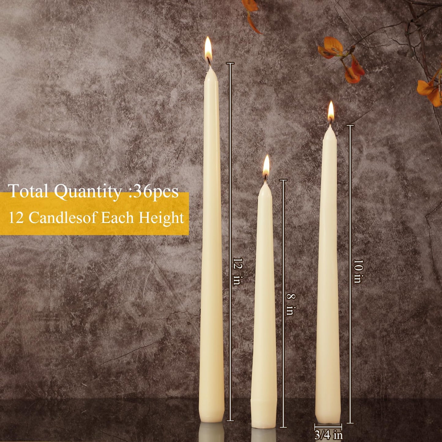 MTLEE Taper Candles 8/10/12 Multi Height Unscented Taper Candles 8 Burn Hours for Dinner Decorative Home Decoration Fall Thanksgiving Wedding Party Candlesticks(Beige,36)