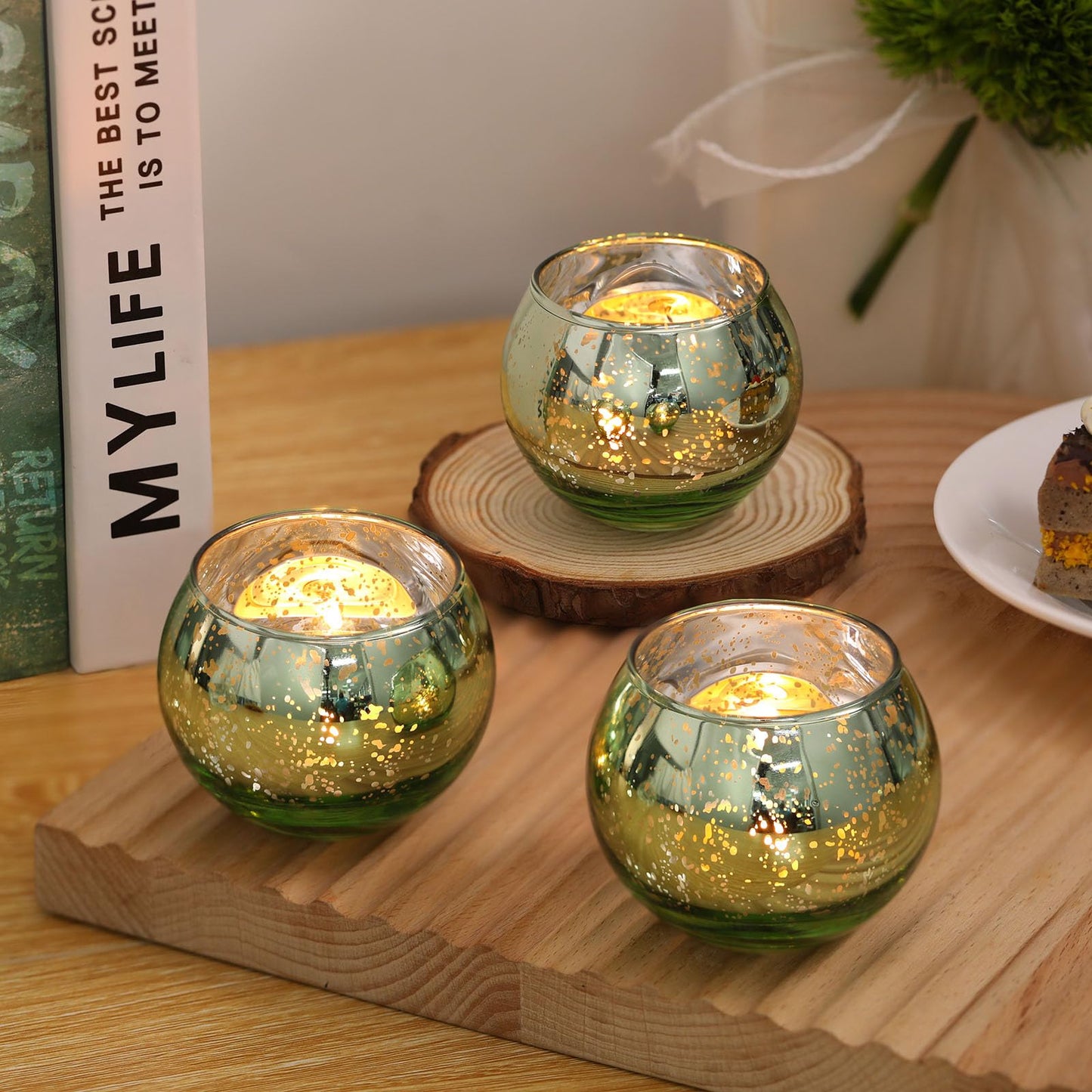 Volens 24PCS Green Votive Candle Holders Bulk, Round Mercury Glass Candle Holders for Tealight - Green Centerpiece Table Decorations for Wedding, Birthday, Party, Bridal Shower and Home Decor