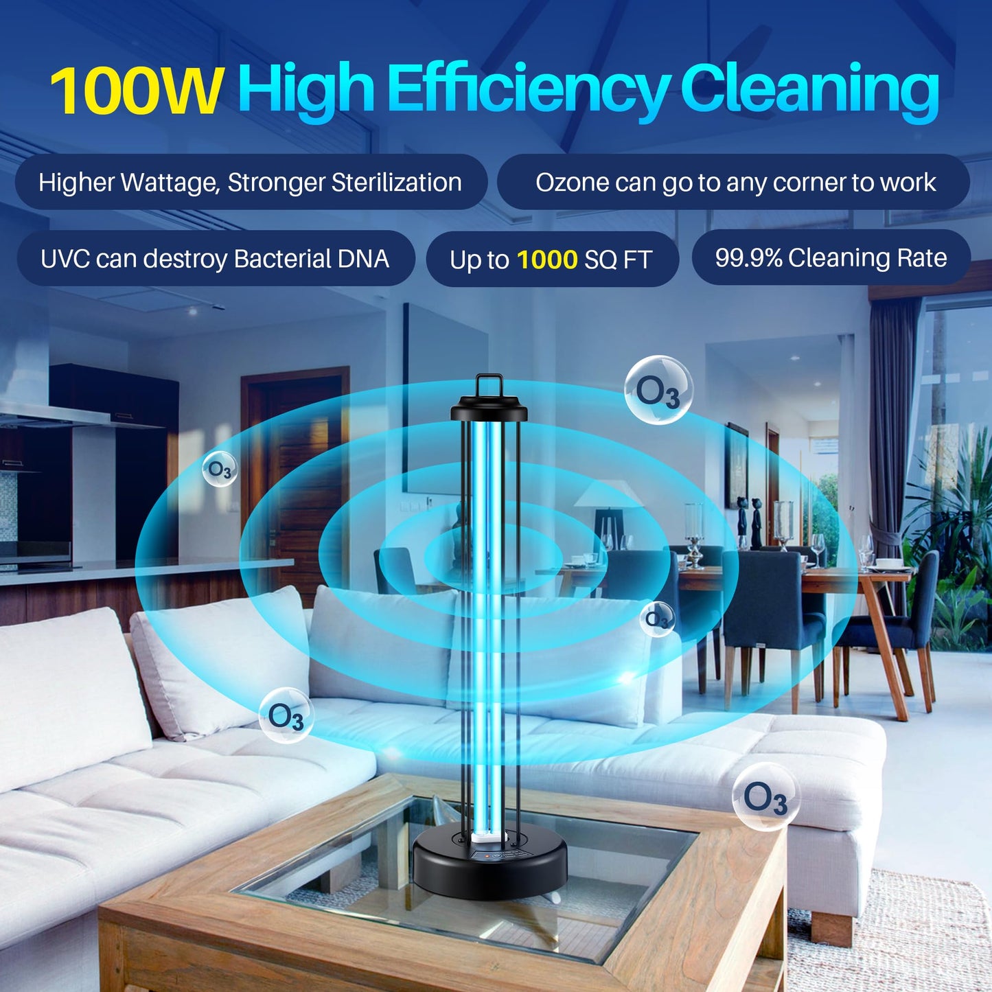 Qualirey 100W UV Light Sanitizer with Ozone Purifier for Room, UV Lamp with 3 Gear Timer Remote Control, Home Disinfection Device for Large Space, Disinfection Faster and More Thoroughly