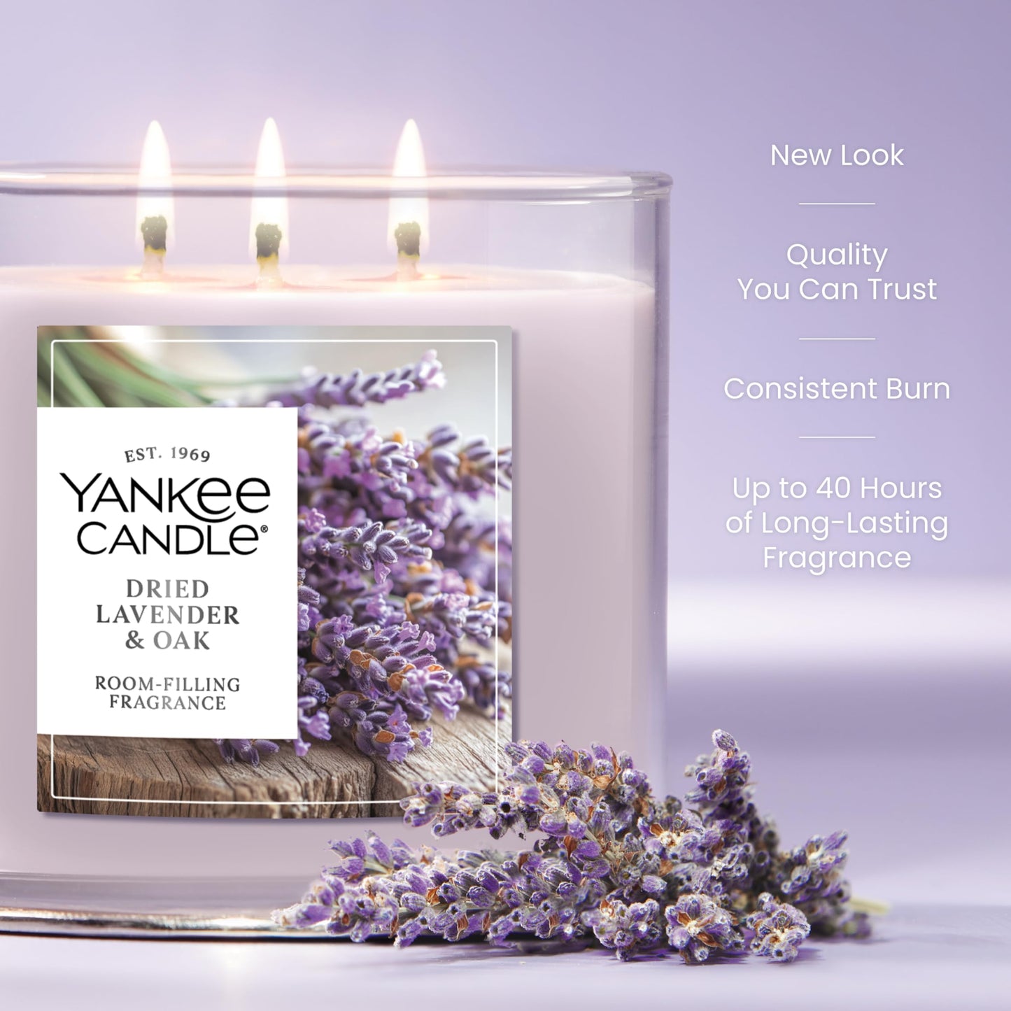 Yankee Candle Dried Lavender & Oak, Scented Candle, 14.5oz 3-Wick Candle Jar with up to 40 Hours Burn Time, Giftable