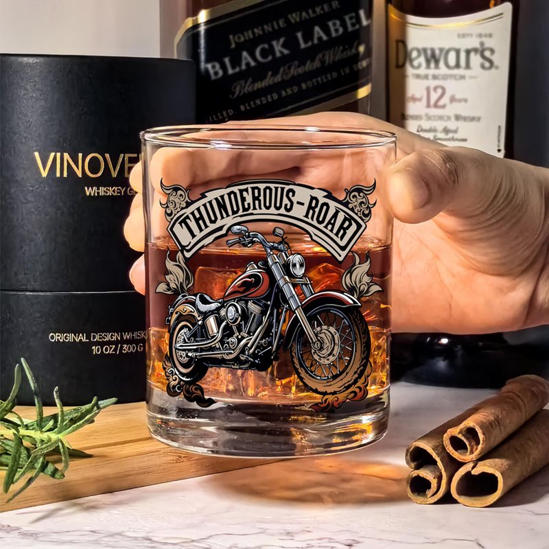 Vinoveltty Motorcycle Whiskey Glass, Motorbike Birthday Gifts for Men Dad Biker, Fathers Day Christmas Gift for Dad Brother Husband, Whiskey Tumbler(300 ML)