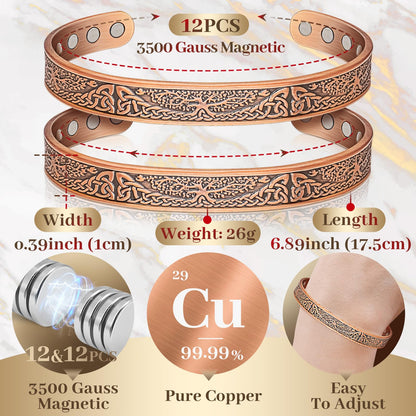 Auramag Magnetic Bangle for Women, 99.99% Pure Copper Cuff Bangle with 3500 Gauss Magnets, Copper Jewelry Gift Adjustable (Set of 2)