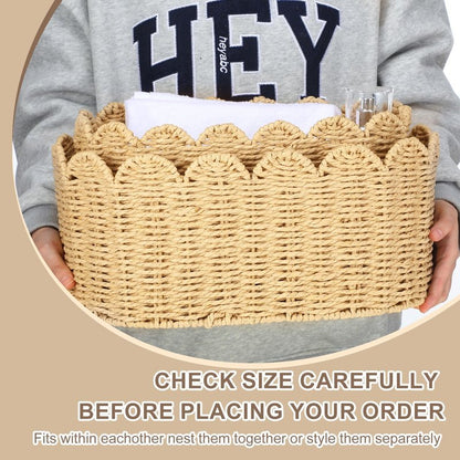 Kritkin 2 Pcs Scalloped Basket Set Hand-woven Baskets with Scalloped Design, 16 x 10 x 7 Inch & 14 x 8 x 6 Inch for Living Room Bedroom Laundry Nursey Storage