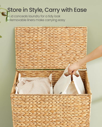 SONGMICS Laundry Hamper - 34.3 Gal Handwoven Water Hyacinth Wicker Basket with Lid & Washable Liners