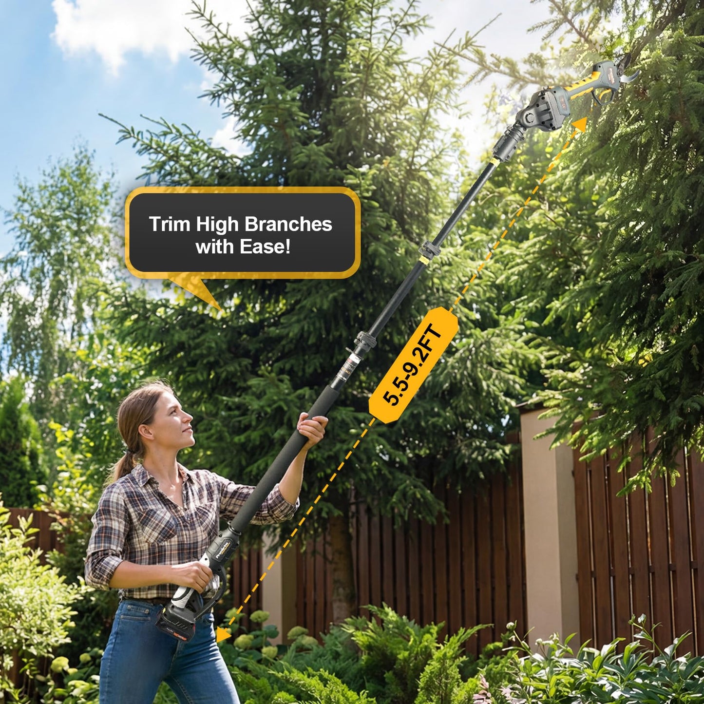 Prunarbo 2-in-1 Pole Pruning Shears Cordless, 40mm Electric Pruner with Extension Pole, Dual Battery, Compatible with Makita battery, 14.7FT High Reach Tree Trimmer, No Ladder Needed for Orchard