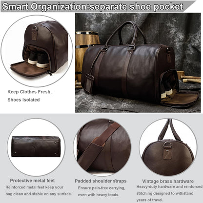 Yevabo Genuine Leather Duffel Bag for Men & Women, Cabin Friendly Carry-On Weekender Bag for Gym Travel Overnight Trips, Brown