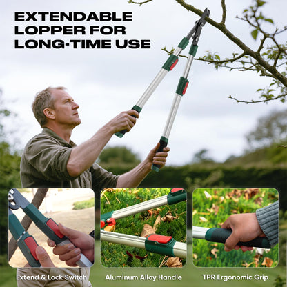 GARTOL 2-Inch Cutting Capacity Bypass Loppers, 26-33" Extendable Tree Branch Cutter, Professional Gear-Driven Labor-Saving Heavy Duty Pruners, Carbon Steel Teflon Blade & Lightweight Aluminum Handles